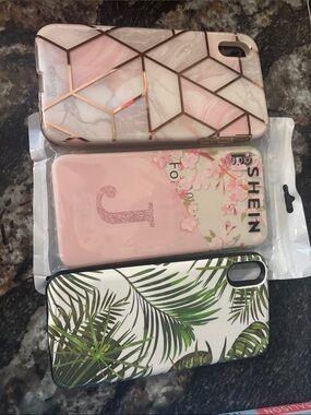 SHEIN Pink Marble, Blush Monogram & Green Palm Trio Phone Case Set
